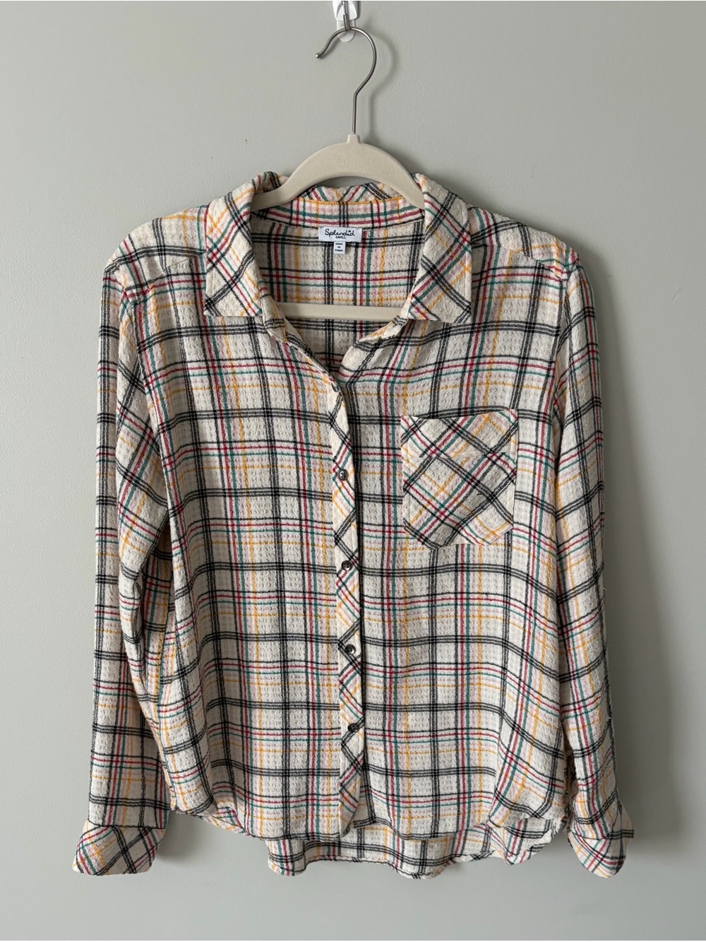 Splendid Cream Plaid Button-Down Shirt with Black, Red & Yellow Accents